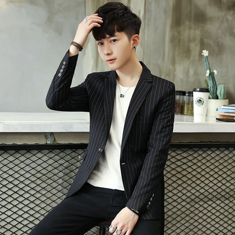 

Мужское повседневное пальто Slim Fit в полоску, весенне-осеннее, модное, молодежное, на одной пуговице, из смесового полиэстера