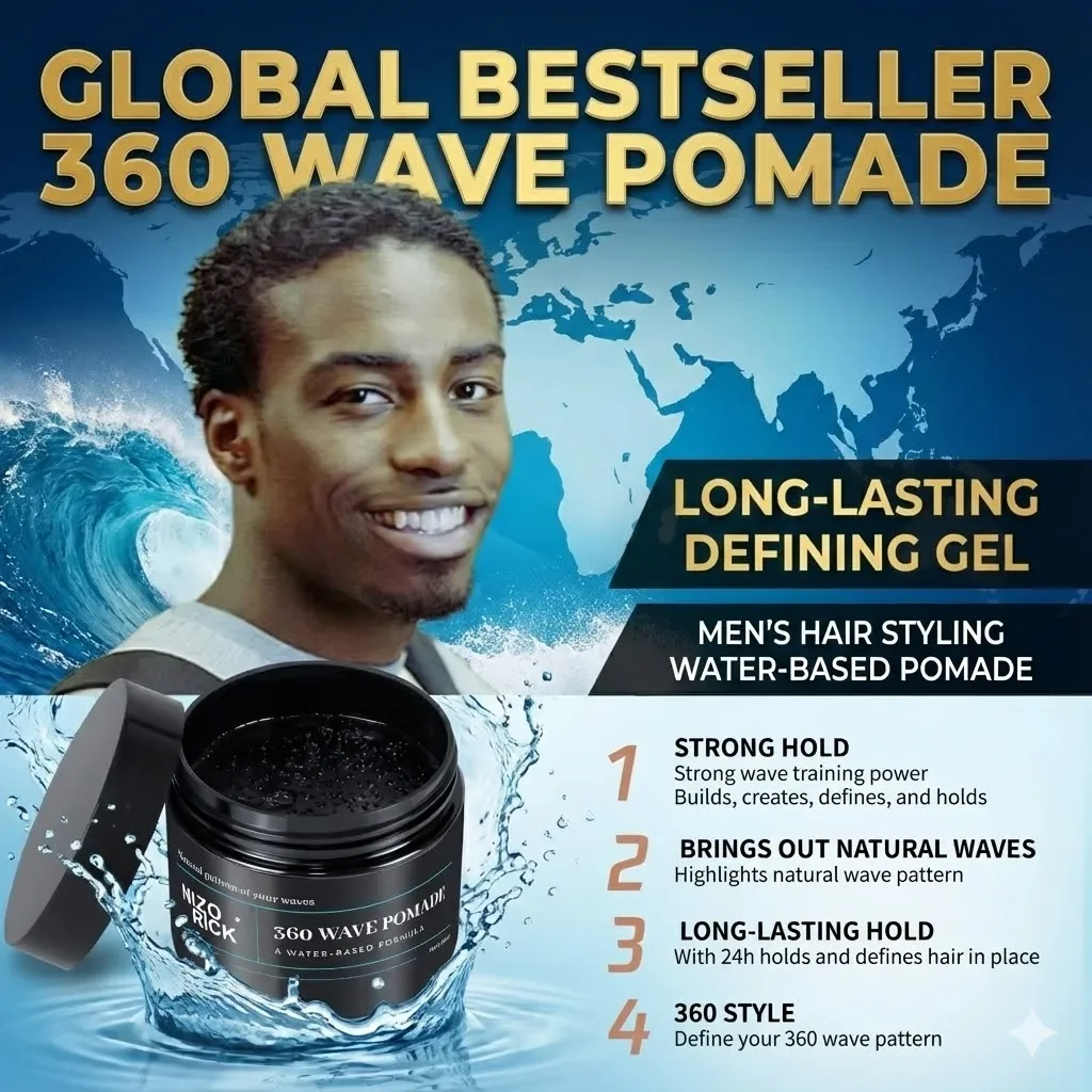 Men's 360 Wave Hair Wax & Gel Bestselling Long-Lasting All Day Hold Water-Based Natural Wave Styling Product for 360 Ripple Curl