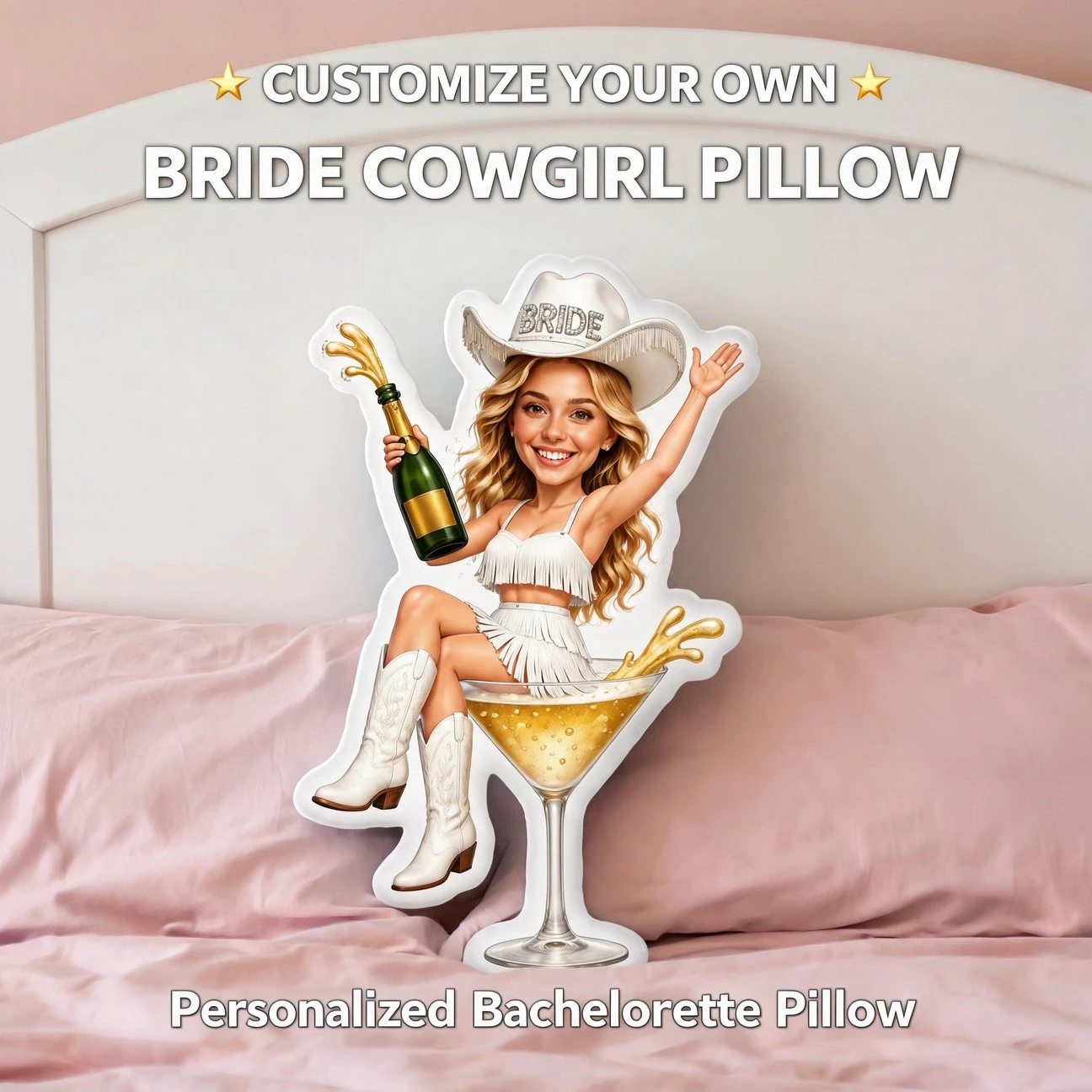 Custom Photo Bride Cowboy Hat Shaped Pillow, Personalized Champagne Celebration Decorative Cushion, Unique Home Decor Accent for
