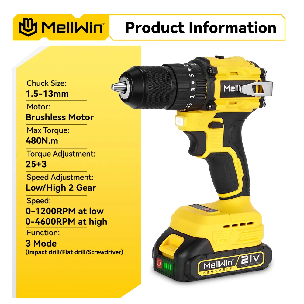 MELLWIN 13MM 25 + 3 Bürstenlosen Elektrische Hammer Bohrer Handheld Cordless Flach Bohrer Schraubendreher Power Werkzeuge Für Makita 18V batterie Pin – Detail 4