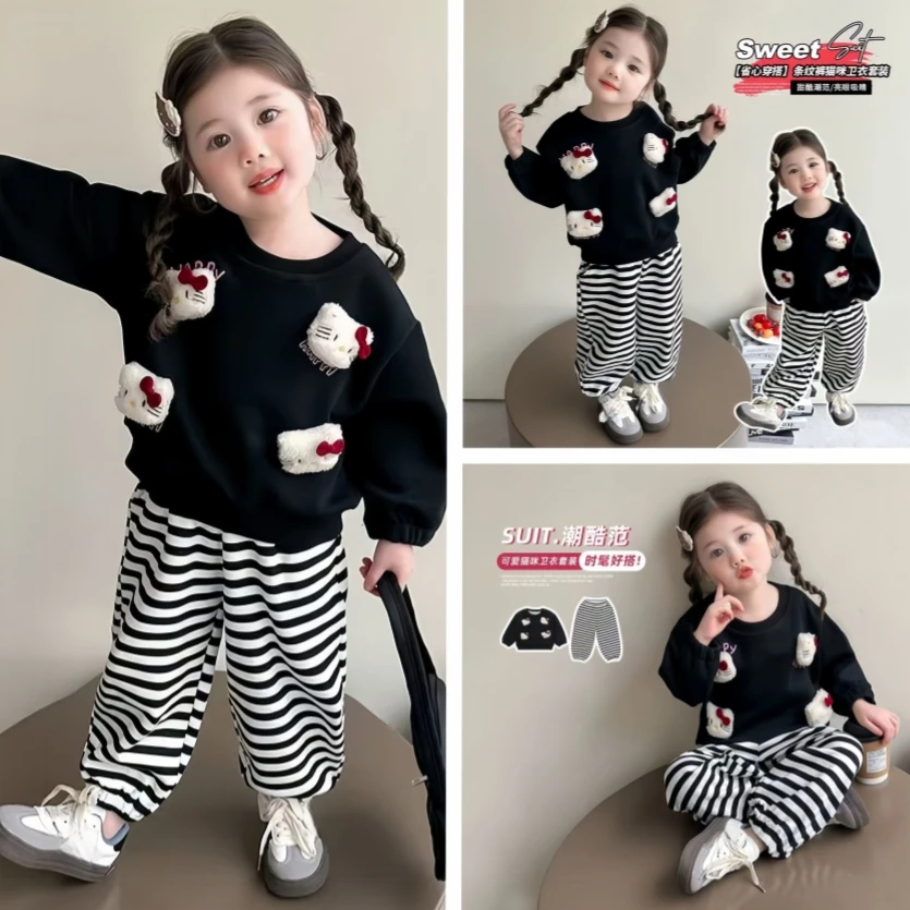 

Hot Sanrio Girl Cotton Loungewearset Hello Kitty Kawaii Anime Fashion Autumn Casual 2-Piece Set Children Clothing Christmas Gift