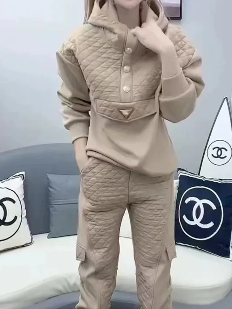 

Spring Autumn Two-piece Sets Thick Warm Contrasting Color Hooded Down Cotton Coat + Pants Suits Women's All-match Warm Suit