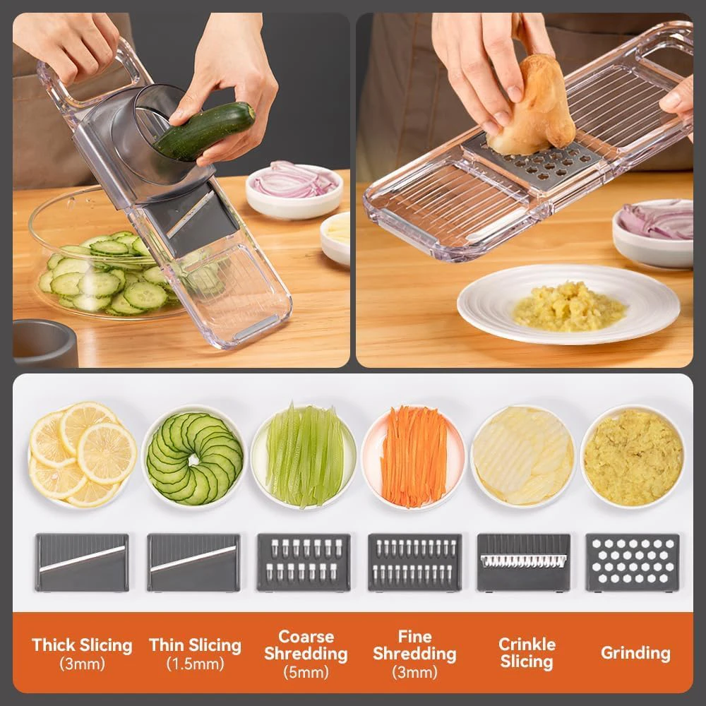 LMETJMA 6 in 1 Multifunctional Mandoline Slicer Handheld Vegetable Cutter with Hand Guard Kitchen Onion Carrot Slicer Cutter