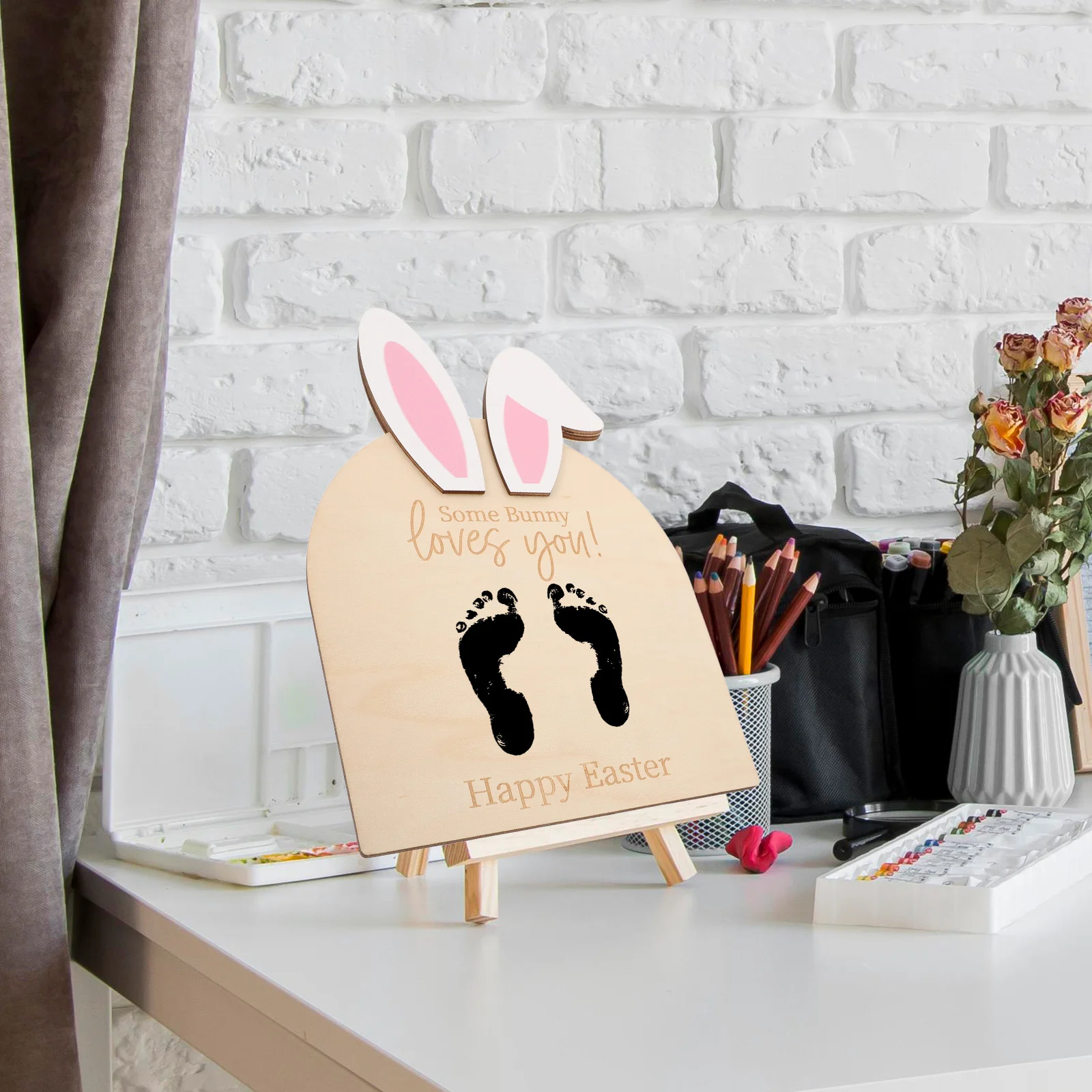 

Детский след на память Пасхальный кролик деревянная доска DIY ручной след комплект декор детской комнаты украшение для детского душа