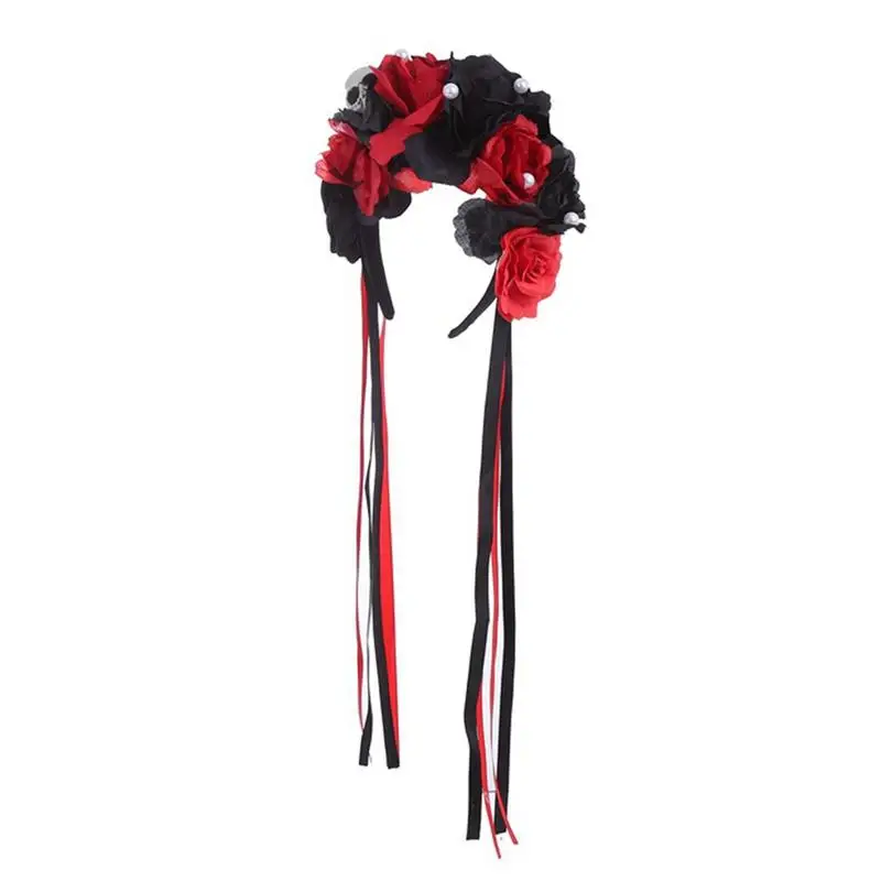 Skull Headband For Women Pearl Rose Ribbons Hair Accessories For Halloween Realistic Mystery Headwear For Ceremony Portable