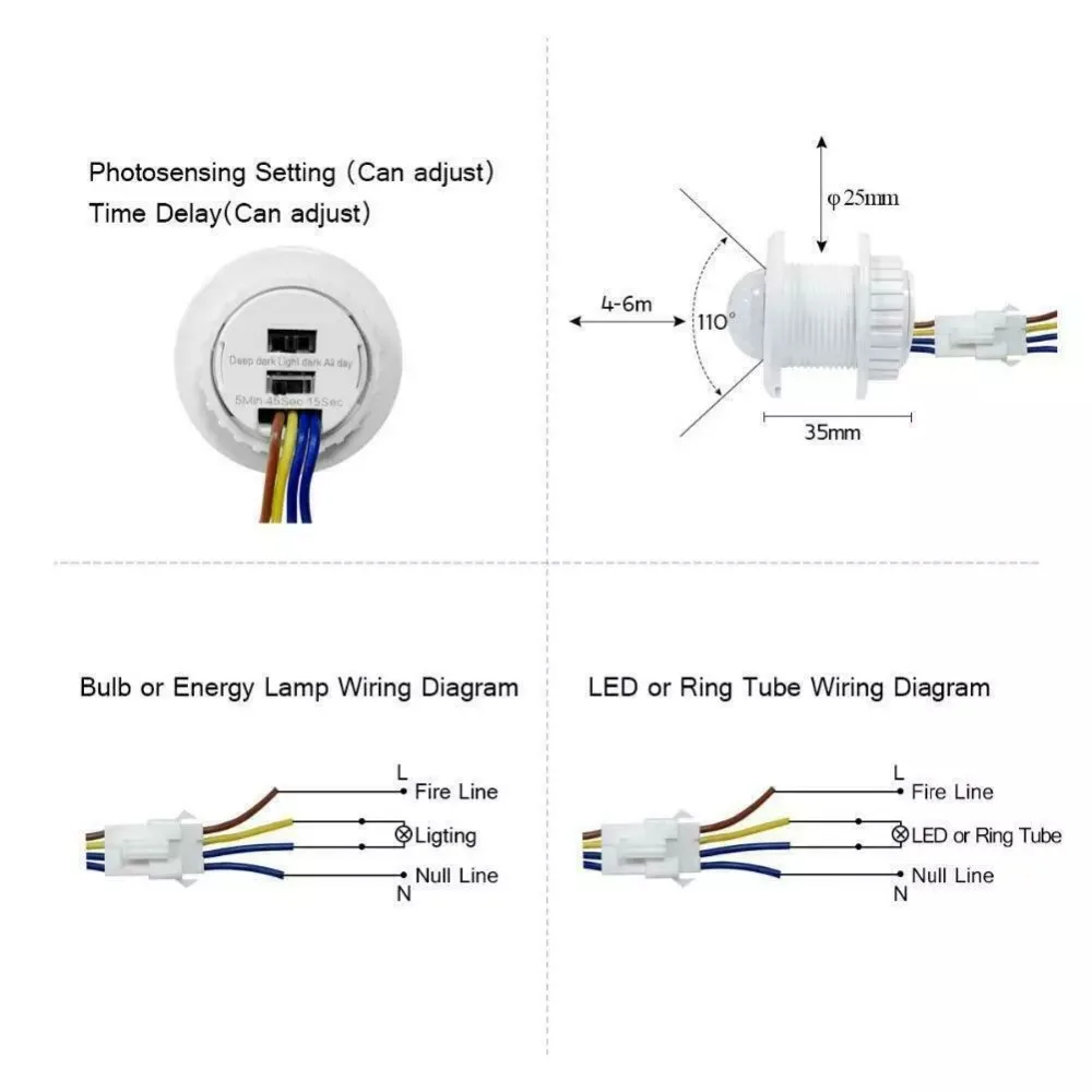 調整可能なモーションセンサーライトスイッチ,LED,人体,赤外線,動き検出器,自動オン/オフ,2個