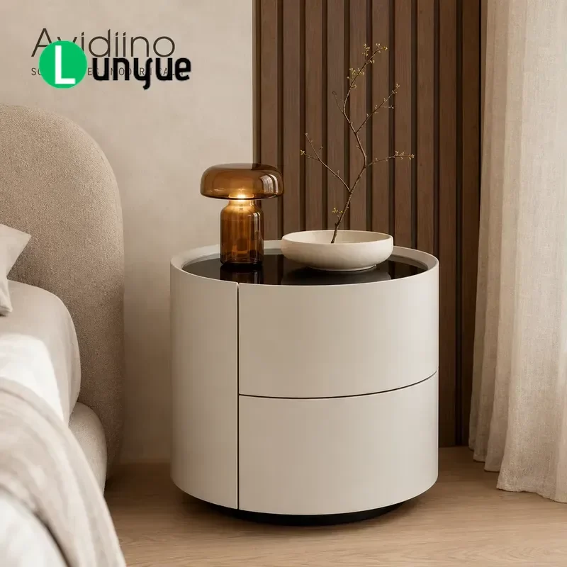 Modern Wooden Bedside Table with Tempered Glass Top and 2 Drawers Simple Nightstand for Bedroom Hotel Apartment Storage