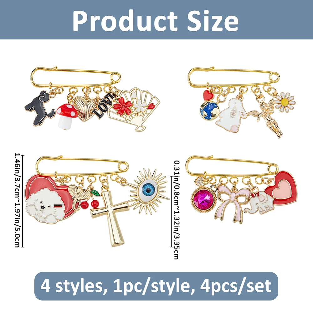4Pcs Brooches 4 Style Lucky Protection Clothes Brooch with Dog Rabbit Mushroom Pendant and Ribbon Golden Safety Pin for Women