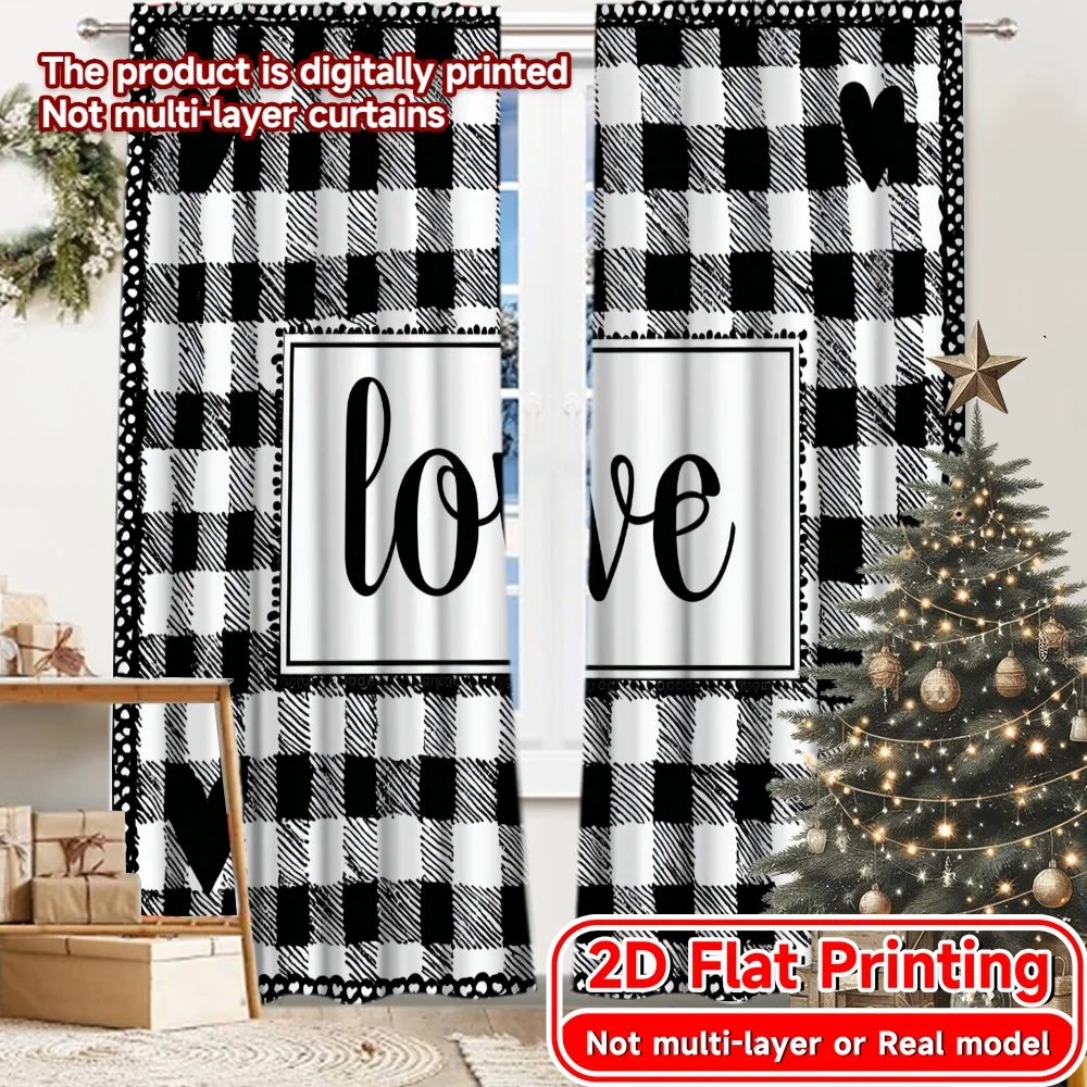 2D Flat Printing,2pcs Love Checkered Chic Curtain Chic Semi-Sheer Curtains Outdoor Decorations Use for Semi-Transparent Living