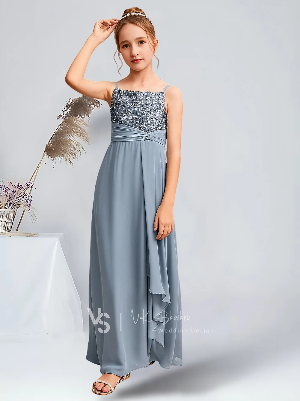 Elegant A-Line Square Floor-Length Chiffon Sequin Junior Bridesmaid Dresses Dusty Blue Sparkling Flower Girl Dresses Party Dance