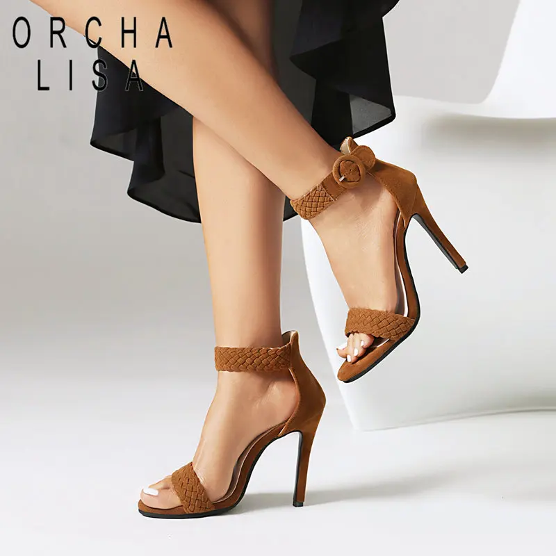 

ORCHA LISA Design Women Sandals Peep Toe Thin Heels 11cm Buckle Strap Flock Suede Large Size 46 47 48 Sexy Dating Female Shoes