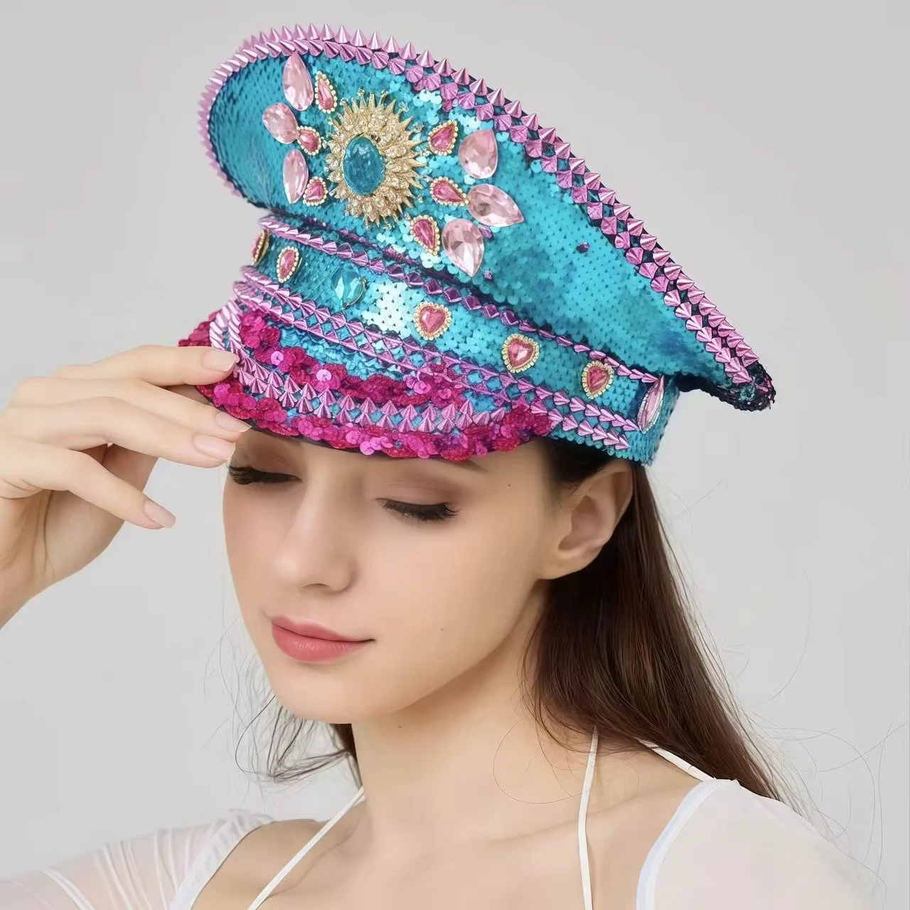 HongLuan Luxury Golden Captain Hat Rhinestone for Burningman Festival Woman, Vintage Military Accessories & Military Cap Man