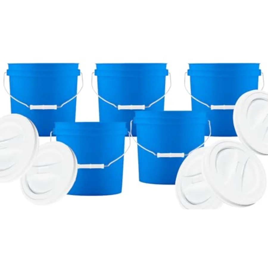 

2 Gallon Blue Made in USA Food Grade BPA Free Bucket Pail with White Screw On Lid Pack of 5 (with White lids)