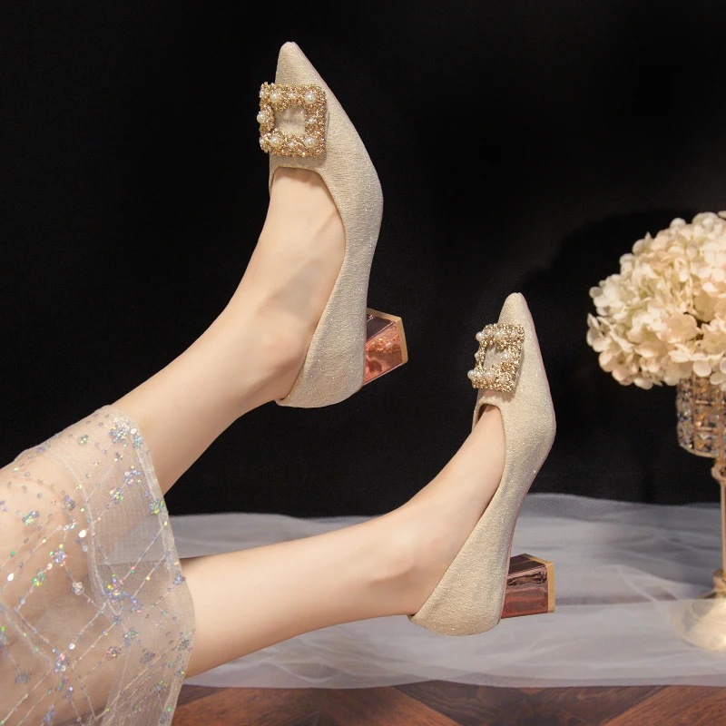 2024 Spring and Autumn Women's High Heels Pearl Chain Decorative Pointed Thin Heel Shoes Temperament Versatile High Heels 35-43