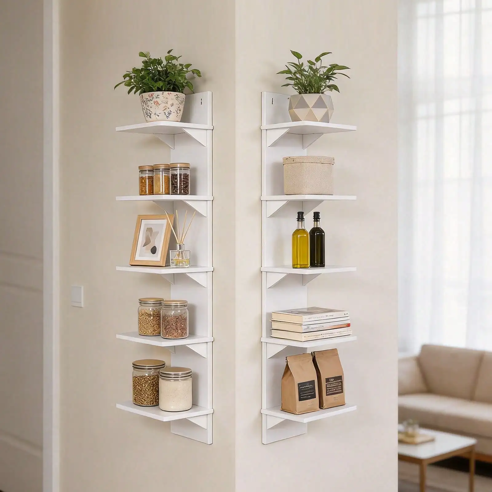 5 Tier Wall Shelf Unit,White Vertical Floating Shelf-Narrow Decorative Wall Mount Modern Wall Decor Shelves For Bedrooms