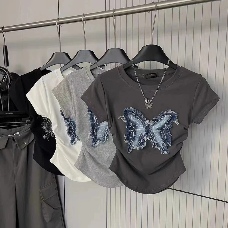 Summer cotton Teenage Girls T Shirt Baby Tops Kids Tee Shirt Children Fashion Streetwear Denim Butterfly Patch Side Elastic 3-14