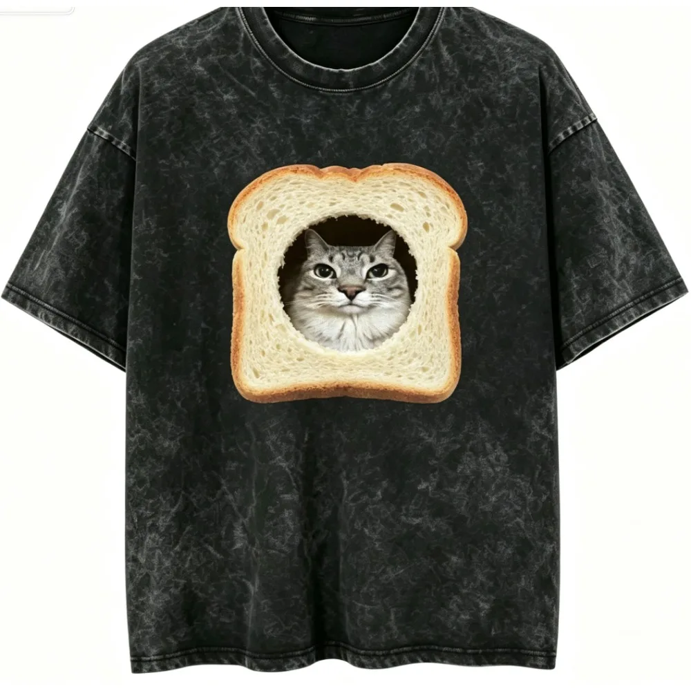 2026 Funny Bread Cat New Washed T-shirt Men Women Tee Funny 90s Y2k Silly Cat Meme T-Shirt Stylish Top Tee Women Men