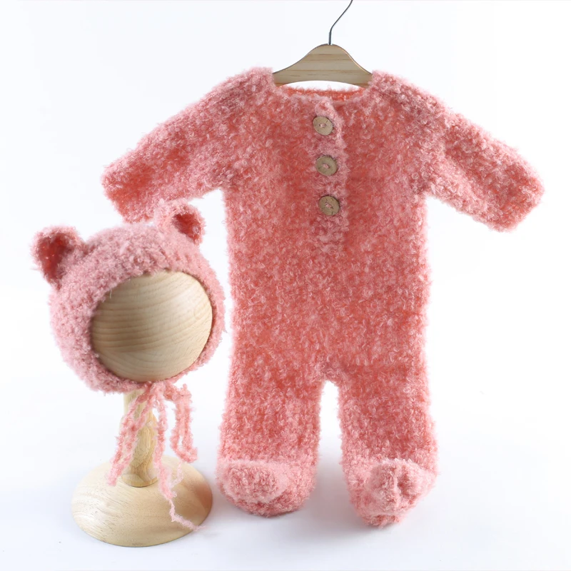 Vintage Fuzzy Knitted Teddy Bear Romper And Bonnet Set Newborn Photograph Prop Baby Knitting Plush Bear Style Outfit Photo Shoot