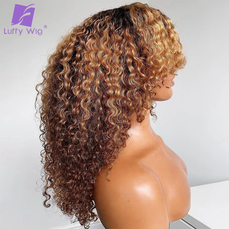 Ombre Colored Afro Kinky Curly Human Hair Wigs With Bangs Full Machine Made Wigs Human Hair Brazilian Remy Hair For Women 200%