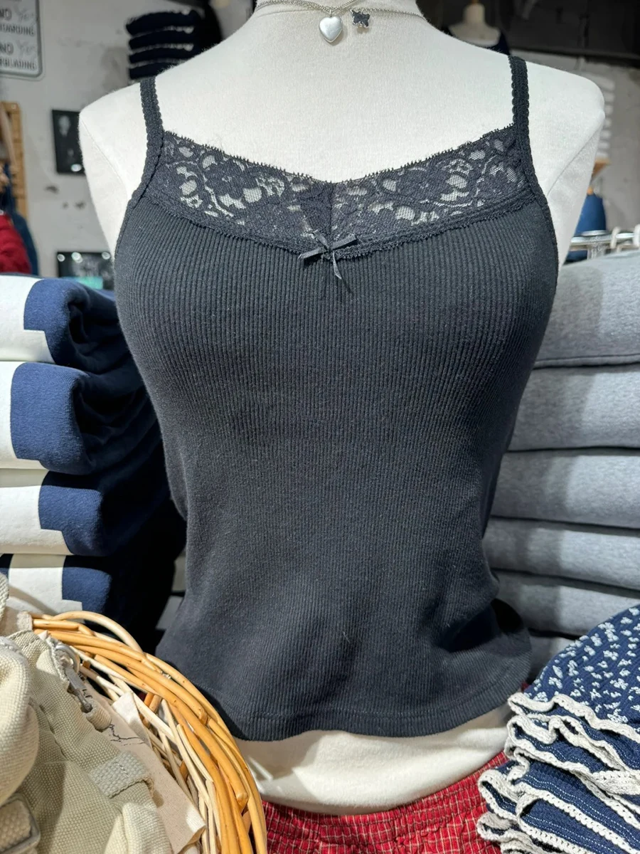 Lace Patchwork Slim Tank Tops Women Summer Solid Simple Cotton Soft Sleeveless Vests Female Vintage Chic Sweet Y2K Camisole