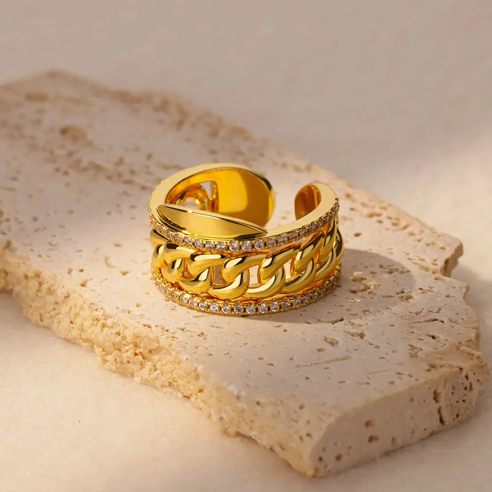 

Vintage Wide Face Cuban Chain Rings For Women Stainless Steel Geometric Openging Ring Trendy Zircon Jewelry Gift