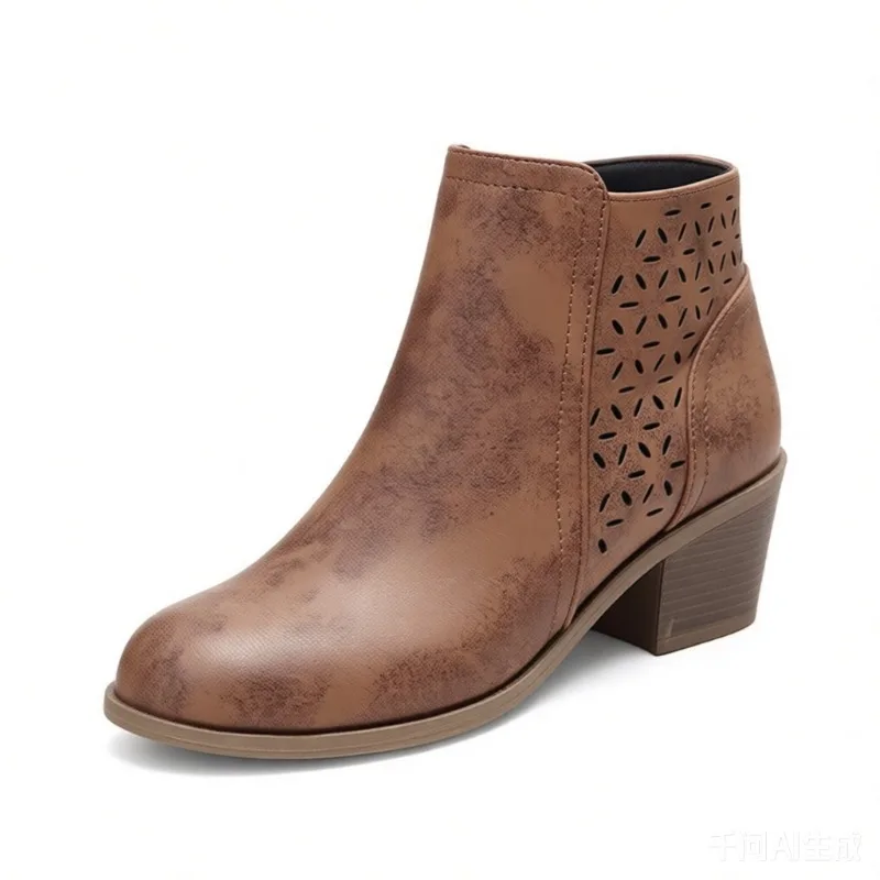 Women Cutout Ankle Chelsea Boots Side Zipper Vintage Suede Chunky Heel Round Toe Retro Hollow Out Breathable Casual Autumn Shoes