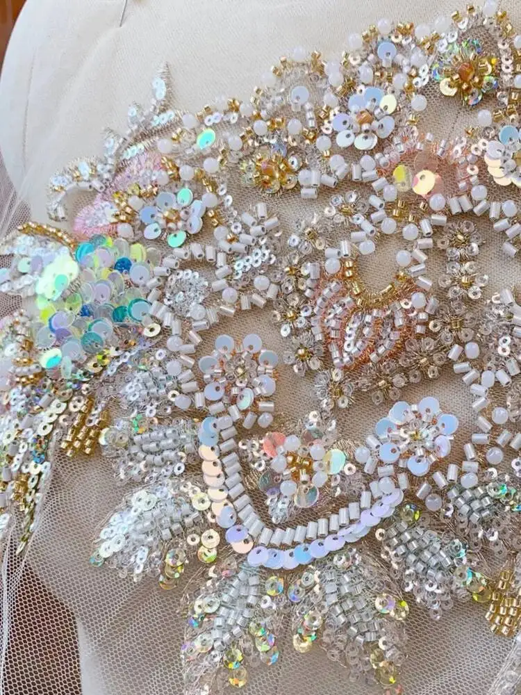 

1Pcs Champagne Mesh Gold Fish Scale Sequins Bead Embroidery Lace Patch Decal For DIY Dress Headwear Accessories