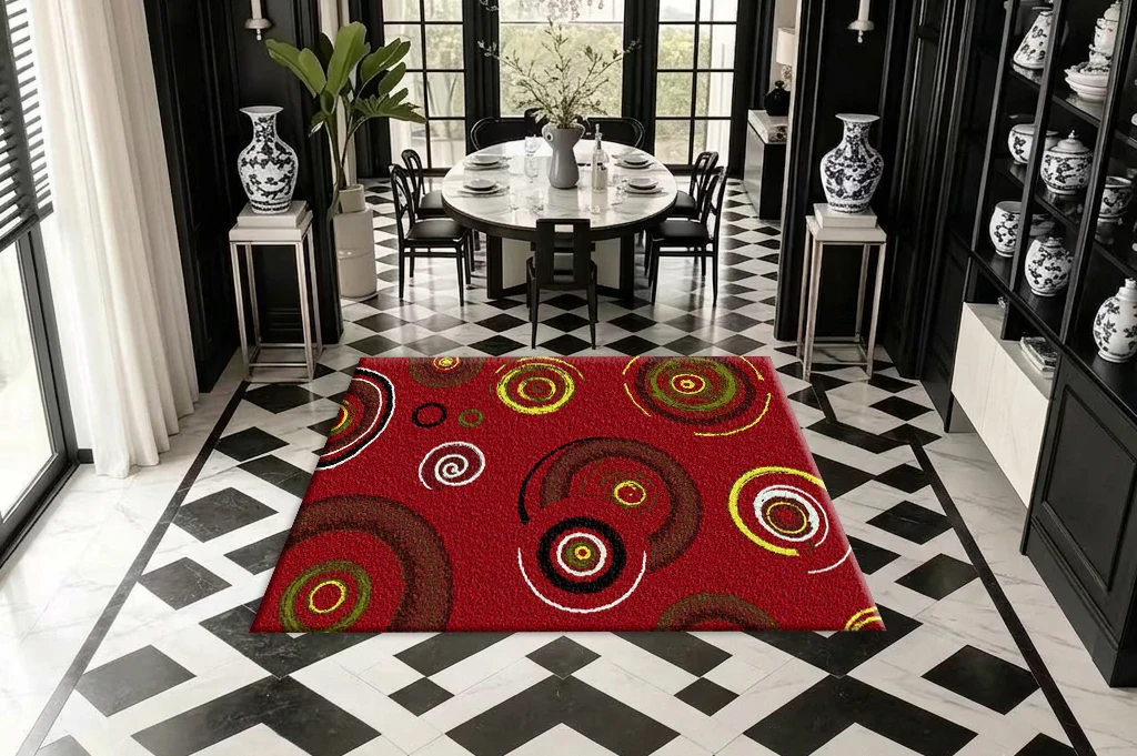 พรมปูพื้นลายวงกลมหมุนวนสีแดง พ - Printed Rug Abstract บทวิจารณ์และราคา
