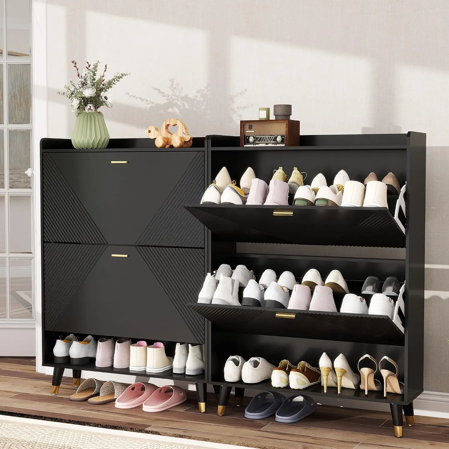 4-Drawer Flip Shoe Cabinet Black Entryway Organizer Slim Storage Rack, Customized