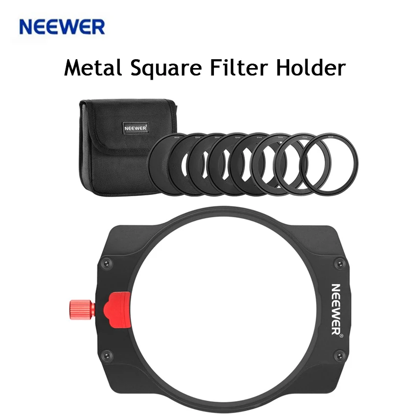 NEEWER Metal Square Filter Holder includes a metal filter holder, 8 filter adapter rings(49/52/58/62/67/72/77/82mm)