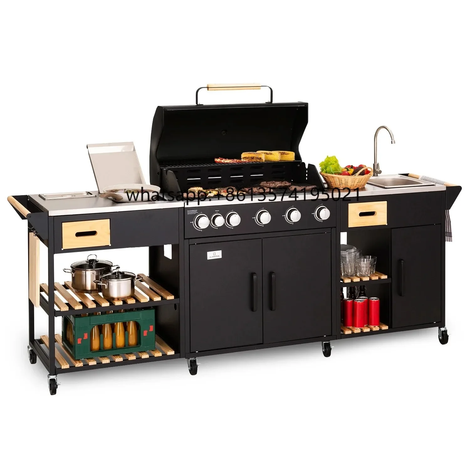 TPortable-sartén de cocina para exteriores, parrilla de Gas de 5 quemadores con quemador lateral y fregadero, estante de almacenamiento plegable, consola negra para parrillas de barbacoa