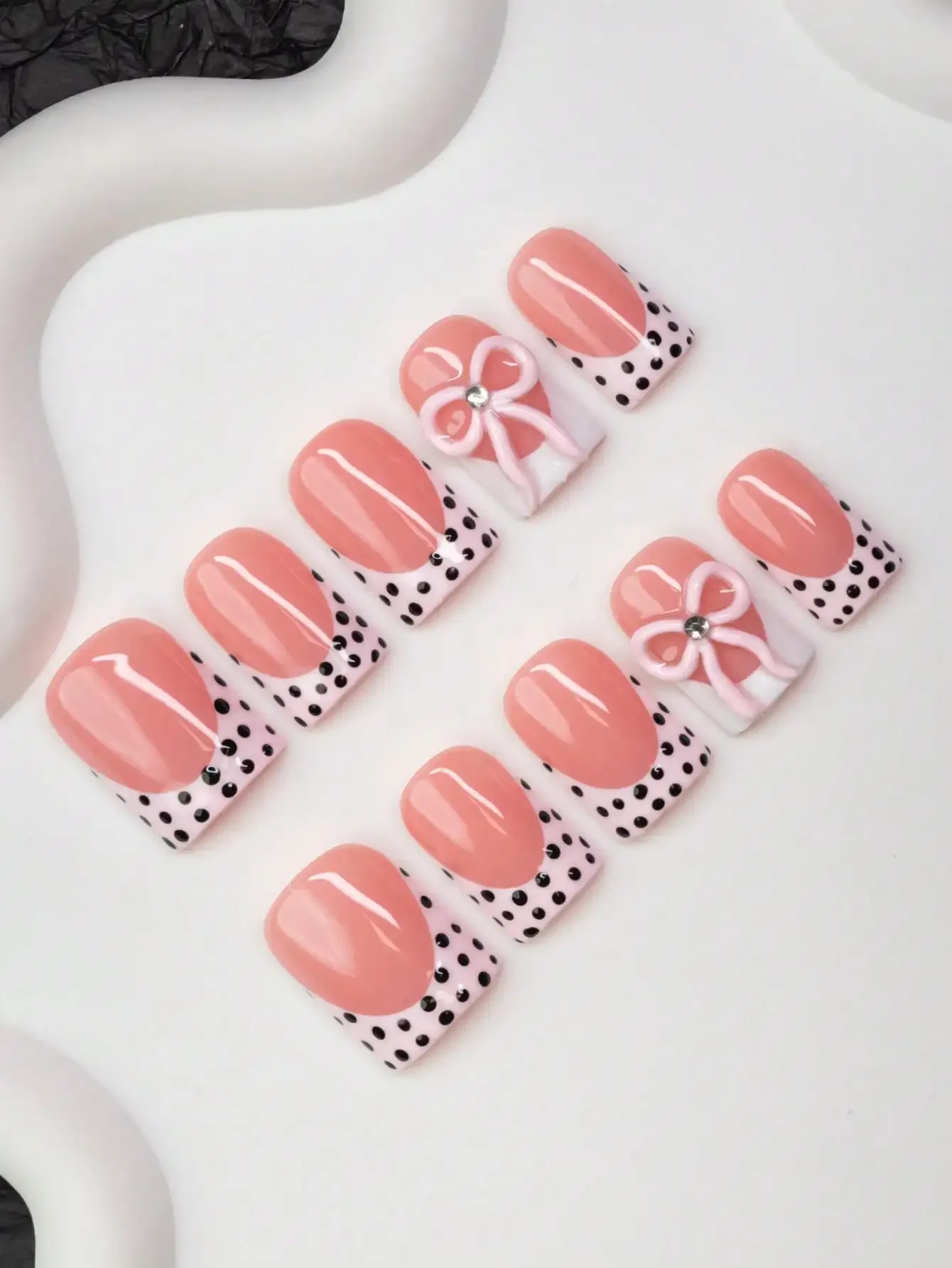 10pcs Square Shaped Handmade Nail Tips, Y2K Girly Style, Nude, Pink, White Nail Plates With French Tips, Polka Dots, Bow Element