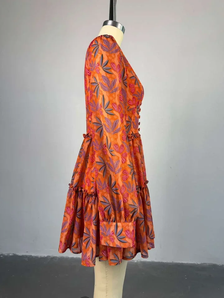 Women V-neck Long Sleeve Pleated Mini Dress Sweet Elegant Floral Print Sexy Birthday Beach Night Party Vestidos Dresses