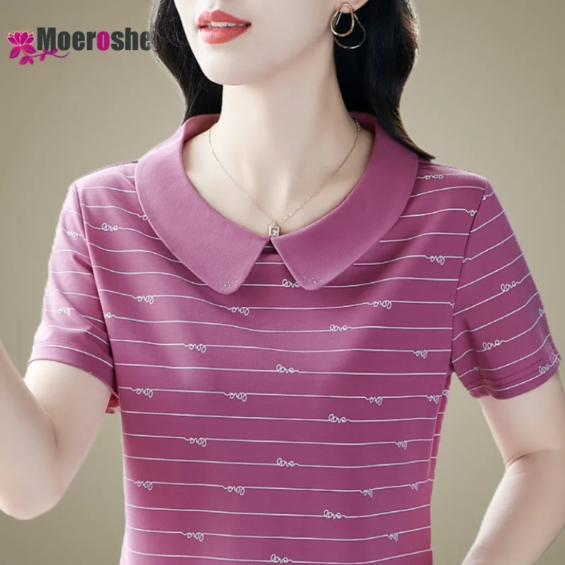 Aesthetic Women Roll Collar POLO Short Sleeve T-shirts Fashion Clothing Trend Anti-Pilling Ladies Tops Doll Collar Age Reduction