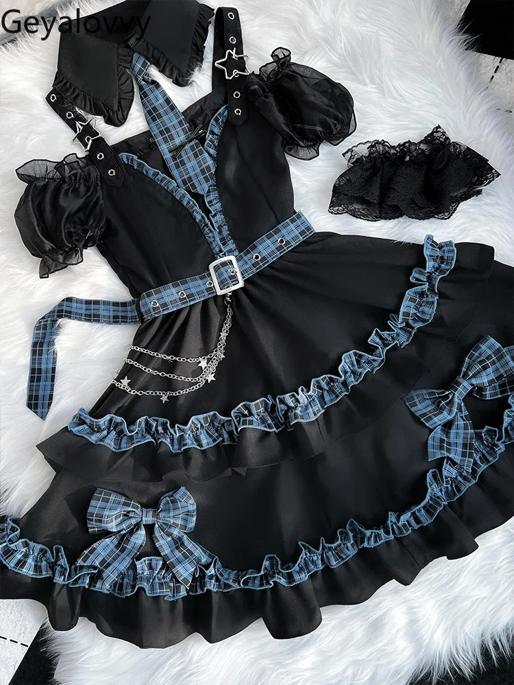 

Original Design Black Bubble Short-sleeved Waist Slim Dress Spring and Summer New High-waisted Slim-fitting Bow Belt Dresses