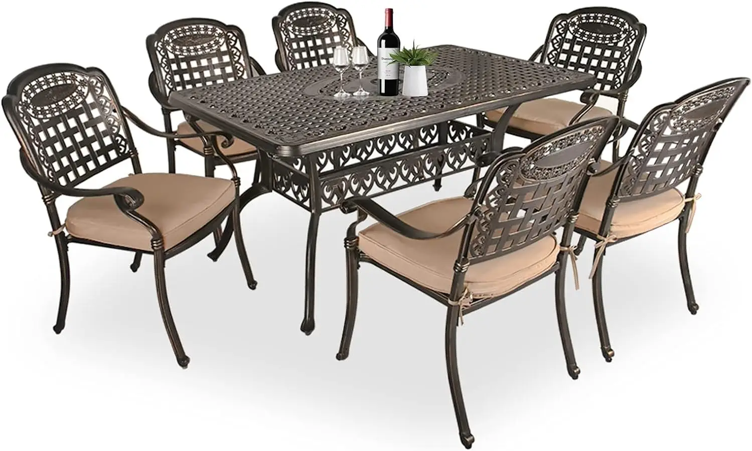 7-Piece Outdoor Furniture Dining Set, All-Weather Cast Aluminum Conversation Set includes 1 Rectangular Table and 6 Chairs