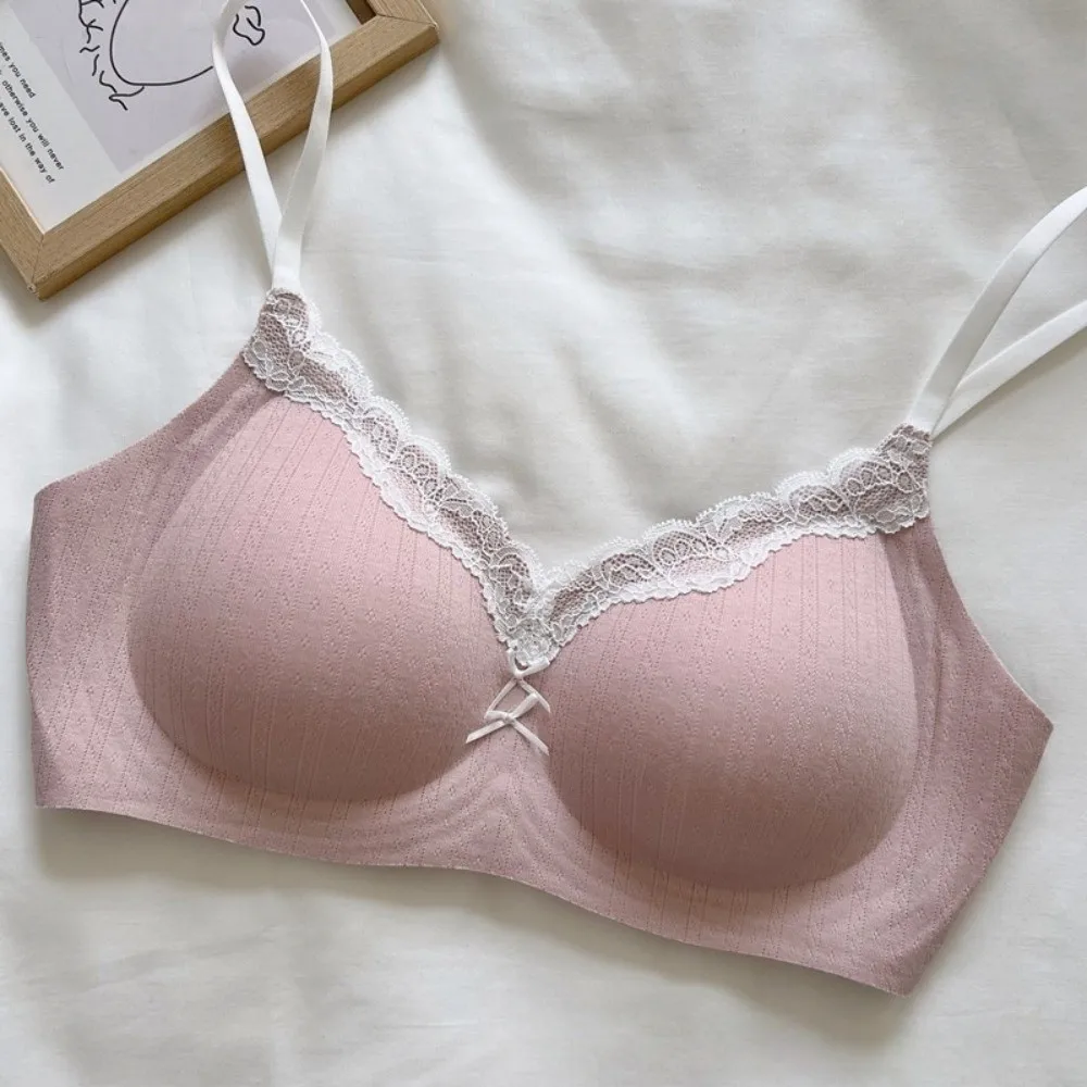 Traceless Lace Wireless V Bra Dots Pattern Flower Bow Brassiere for Women Lingerie Gathered Breasts Lace Floral Print Bra Yoga