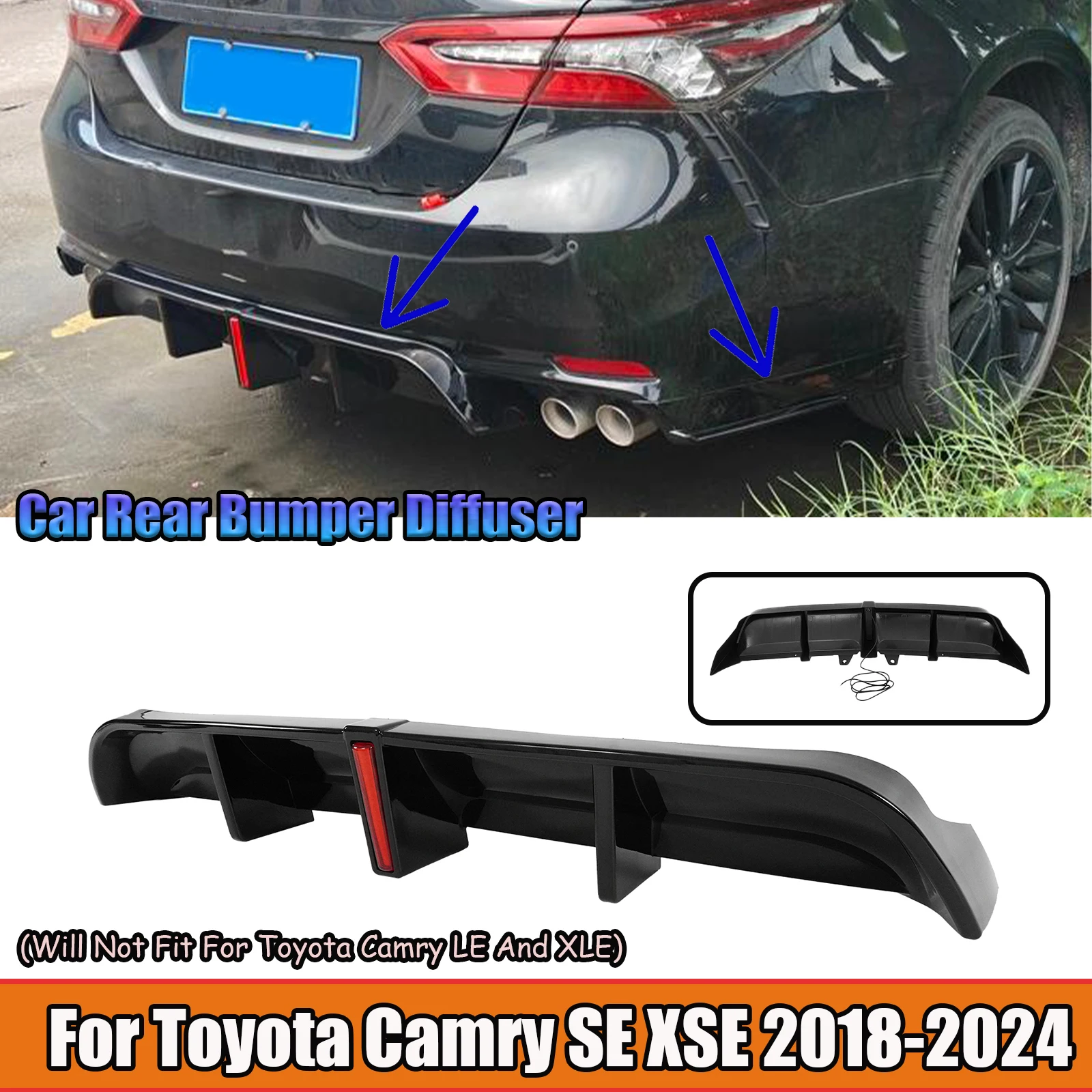 For Toyota Camry SE XSE 2018-2024 Car Rear Bumper Diffuser &Corners Carbon Fiber Style Glossy Black ABS Plastic Accessories