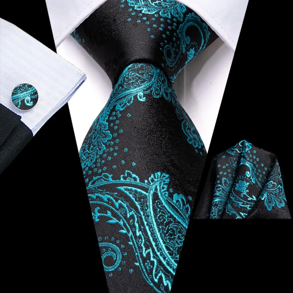 

Paisley Black Teal Blue Silk Wedding Tie For Men Handky Cufflink Gift Men Necktie Fashion Business Party Dropship Hi-Tie Design