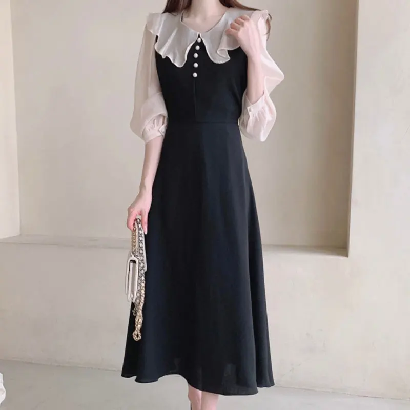 Ele Autumn Long Dr with Pearl Buttons Color Blo Micro Transparent Bubble Sve High Waist A-Line Skirt Korean Sle