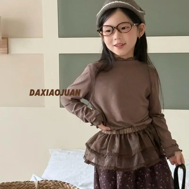 

2025 Girls' Spring Autumn Maillard Color Tops Lace Hem of A Skirt Long Sleeve Sweeet Korean Version Trendy Pullover Kids Clothes