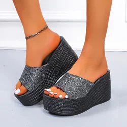 Sequined High-heeled One-word Slippers Women Summer Outer Wear Platform Beach Comfort Sandals on Offer 2023