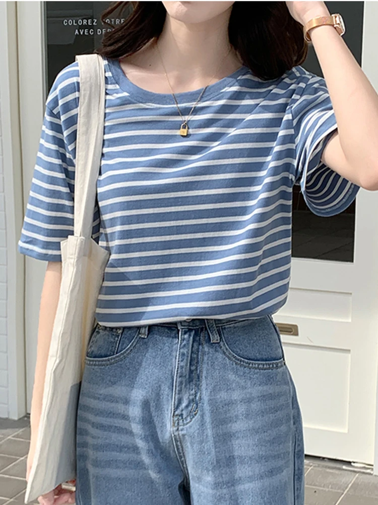 Summer Women Striped Tshirt Tops 2026 Long Sleeve O-Neck T-Shirts Fashion Korean Casual Cotton Loose Tees Femme Top
