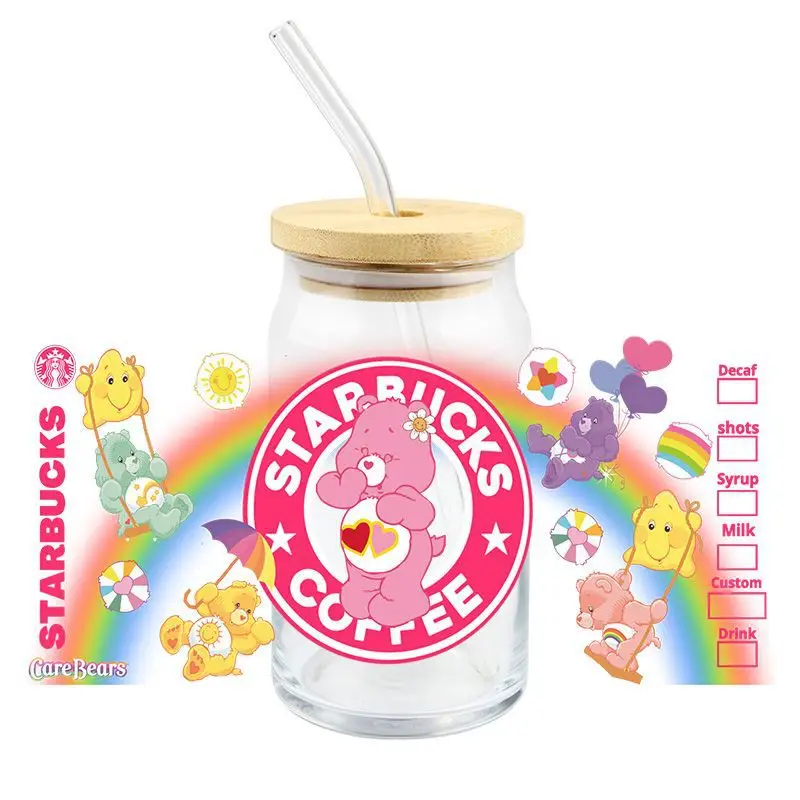 

New Cute Bear Rainbow UV DTF 16oz Libbey Cup Digital Wrap UV DTF Transfer Adhesive Wrap No Heat Cup Not Included