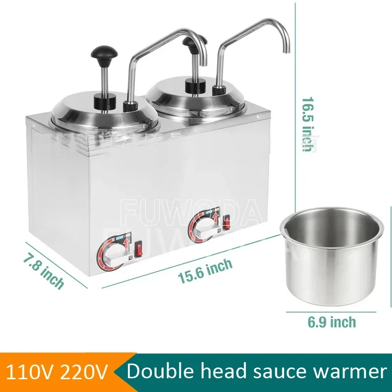 Commercial Sauce Warmer Machine 2 Pot Hot Fudge Pump Warmer Double Head Bain Marie Stainless Steel Sauce Dispenser Food Warmer