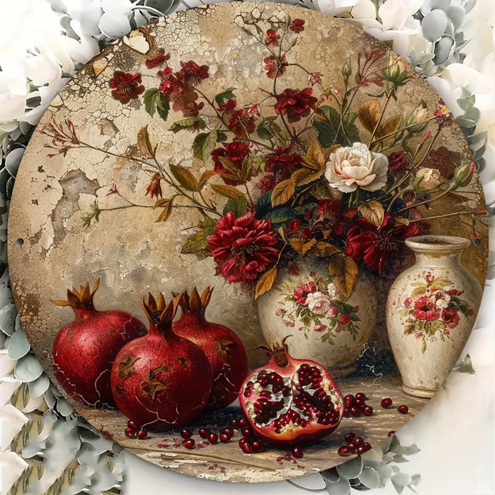 Letrero Redondo Metálico Vintage con Diseño Floral de Granada, Placa Decorativa Retro de Aluminio de 8x8 Pulgadas para Cocina