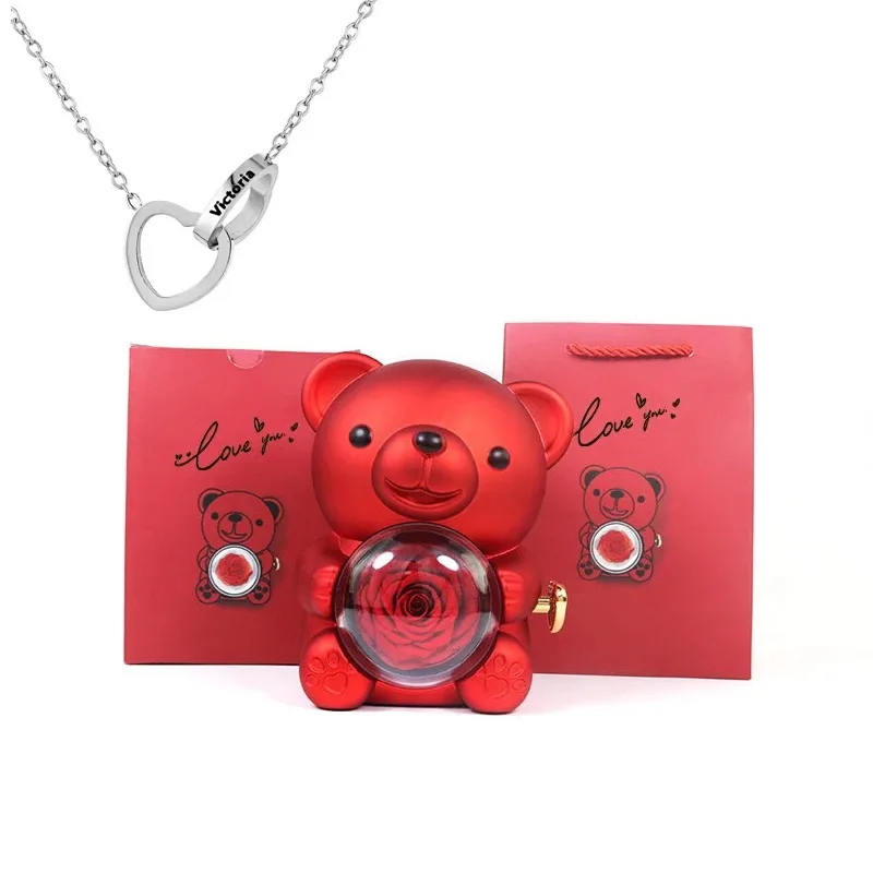 Ewige Rosen-Teddybär-Schmuckschatulle mit individueller Namenskette 6