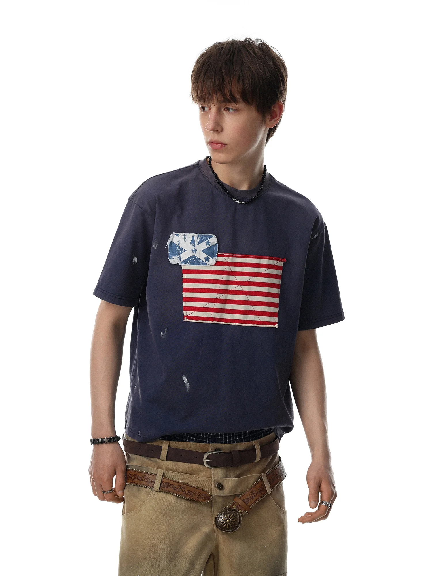MRNEARLY American Retro High Street Style Distressed Dye Patchwork Short Sleeve Men's T-shirt Loose Pure Cotton Trendy Top