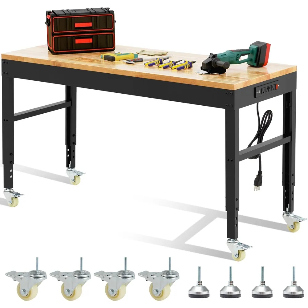 

60" Heavy Duty Workbench 1800 Lbs Capacity Solid Wood Working Bench Adjustable Height Rolling Work Tables with Power Outlets