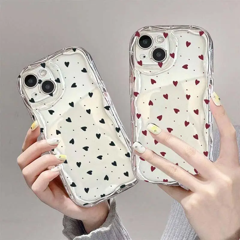 Cute Love Heart Phone Case For IPhone 16 15 12 11 Pro Max 14 Plus 13 Mini X XS XR 7 8 Plus SE Wavy Soft Clear TPU Covers Funda